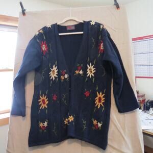 Jolie Fille Navy Embroidered Floral Cardigan Sweater Cottagecore